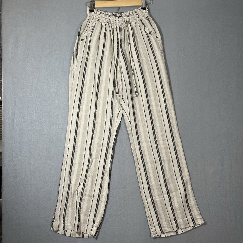 Sound Style Pants Womens Medium Cream Black Striped Linen Blend Boho Wide Leg‎